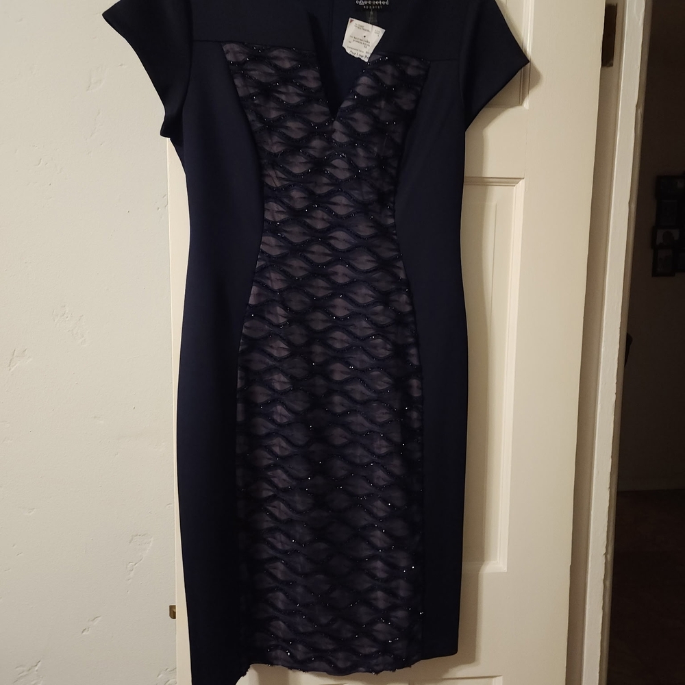 Connected Apparel Navy and Black Midi Dress